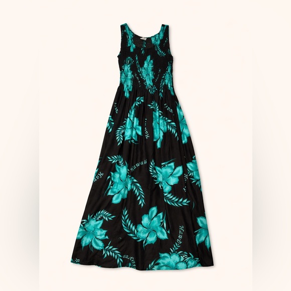 Dresses & Skirts - Unity Trading Hawaii Smocked Maxi Dress Black Teal Tropic Floral One Size
